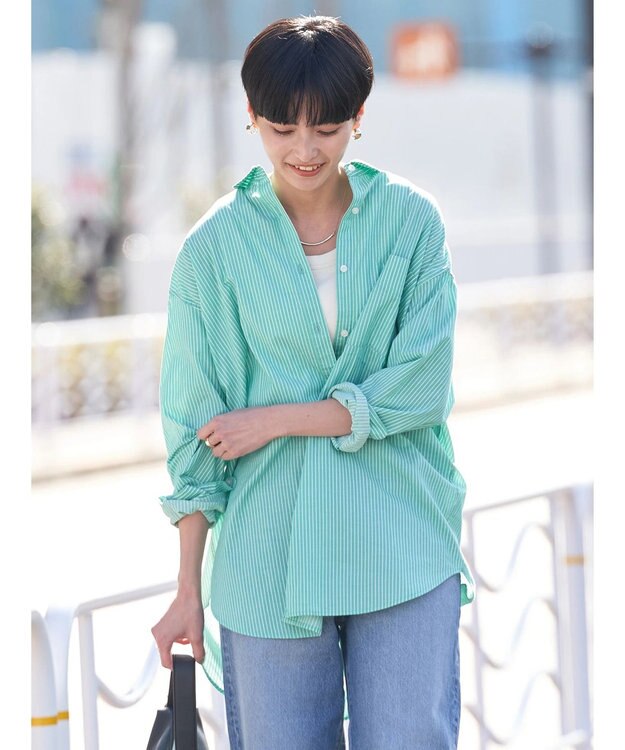 AMERICAN HOLIC ＵＶカット加工バックタックシャツチュニック Stripe Green