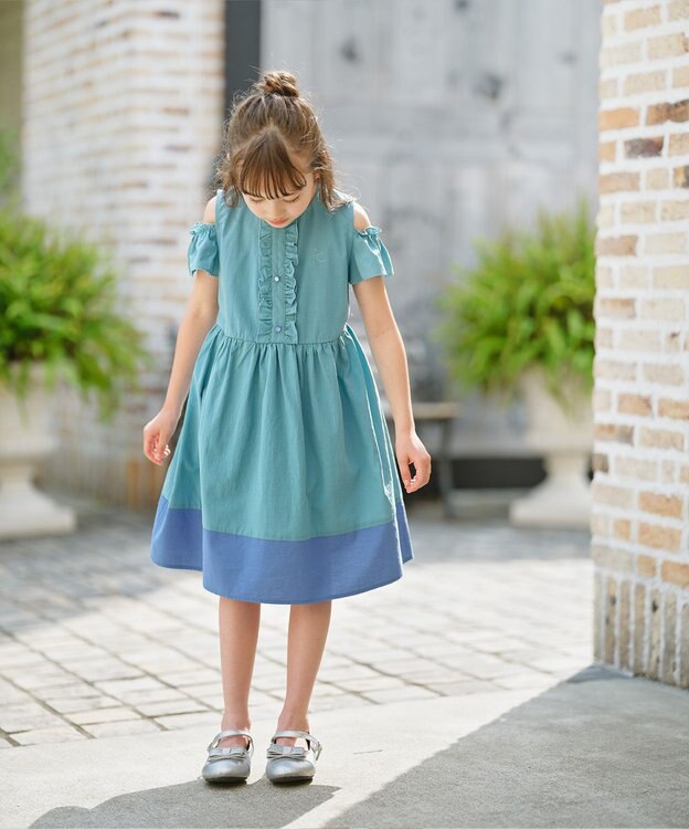 組曲 KIDS 【UVケア】【110-140㎝】バイカラー ワンピース ターコイズブルー