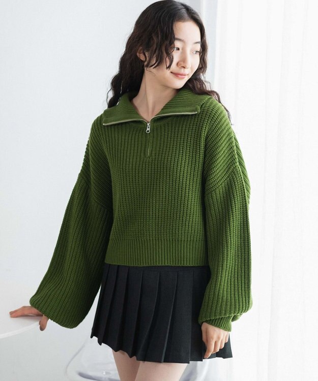 WEGO ハーフジップショートニットプルオーバー グリーン