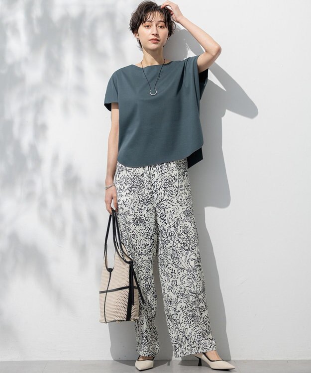 23区 【汗じみ防止/洗える】スムースデザイン フレンチスリーブ Tシャツ ダークグリーン系