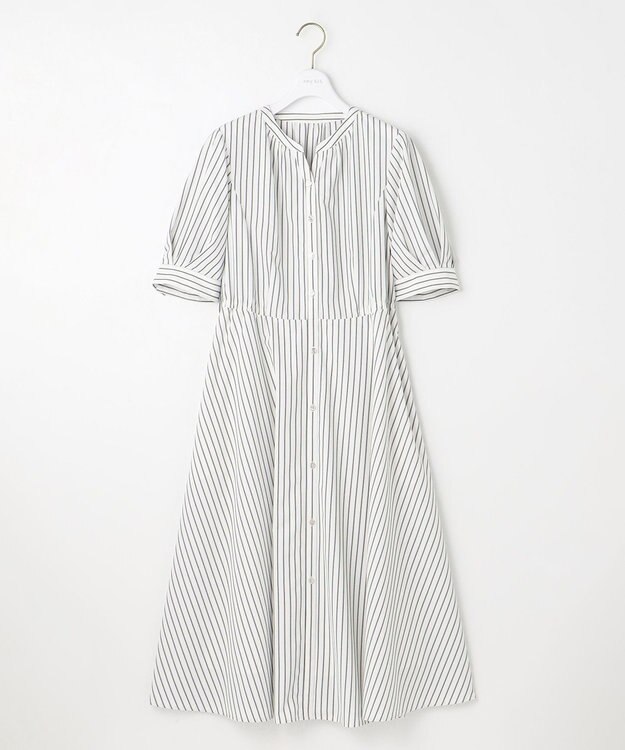 ANY SIS 【洗える】バンドカラー シャツワンピース グレーストライプ