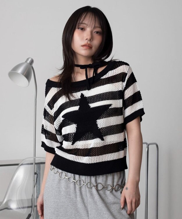 WEGO オフショルメッシュニット（S） ホワイトボーダー