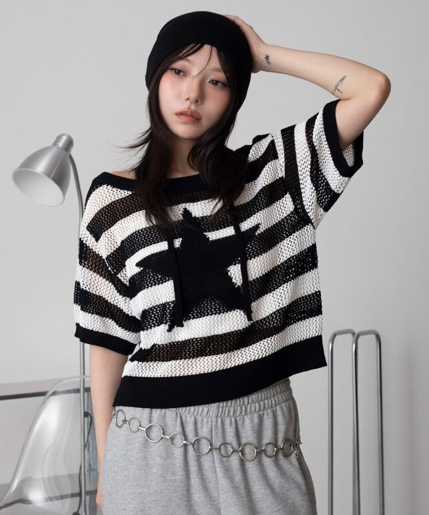 WEGO オフショルメッシュニット（S） ホワイトボーダー