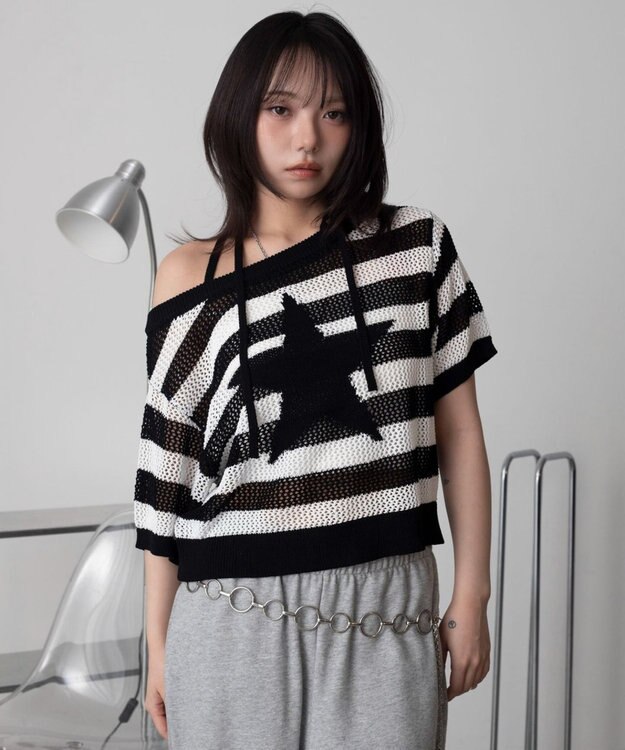 WEGO オフショルメッシュニット（S） ホワイトボーダー