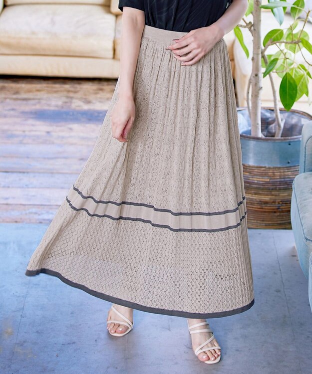 Tiaclasse クロシェ編み配色ニットスカート アイボリー×チャコール