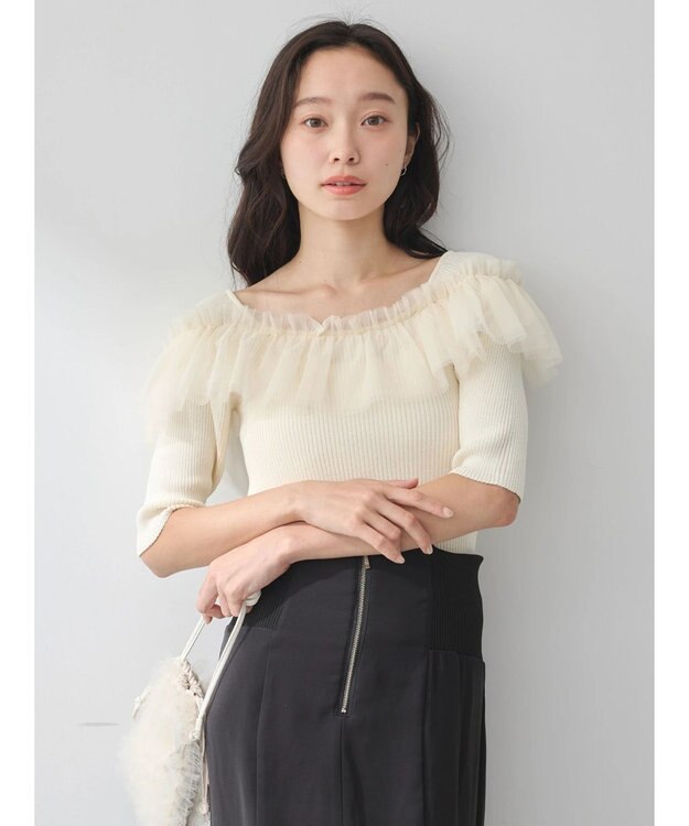 earth music&ecology デコルテチュールニットプルオーバー Ivory