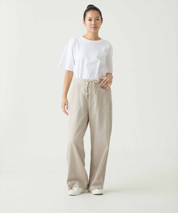 caqu color linen easy wide カラーコットンリネンウエストゴムワイドストレート beige