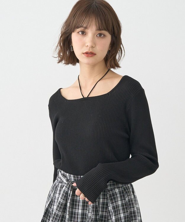 earth music&ecology 【洗濯機洗い可】スクエアホルターネックリブプルオーバー Black