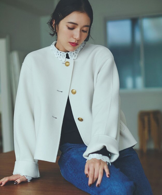 23区 ウールリバー ノーカラーコート ベージュ系