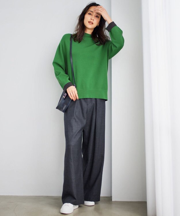 自由区 【WEB限定カラーあり】【セットアップ対応・洗える】レーヨンストレッチモックネック ニット アーバングリーン×ココア