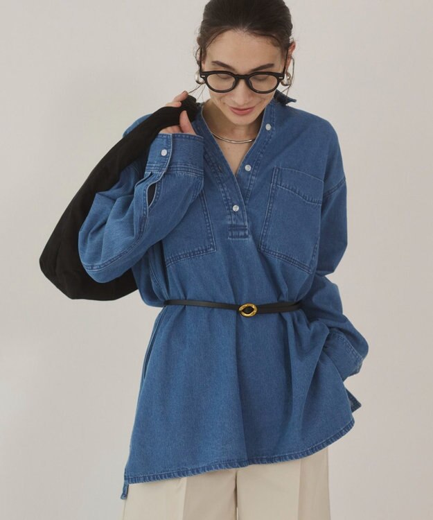 WEGO 【ANGIE VINTAGE】襟が選べる デニム チュニック シャツ （バンドカラー/レギュラーカラー） ブルーその他