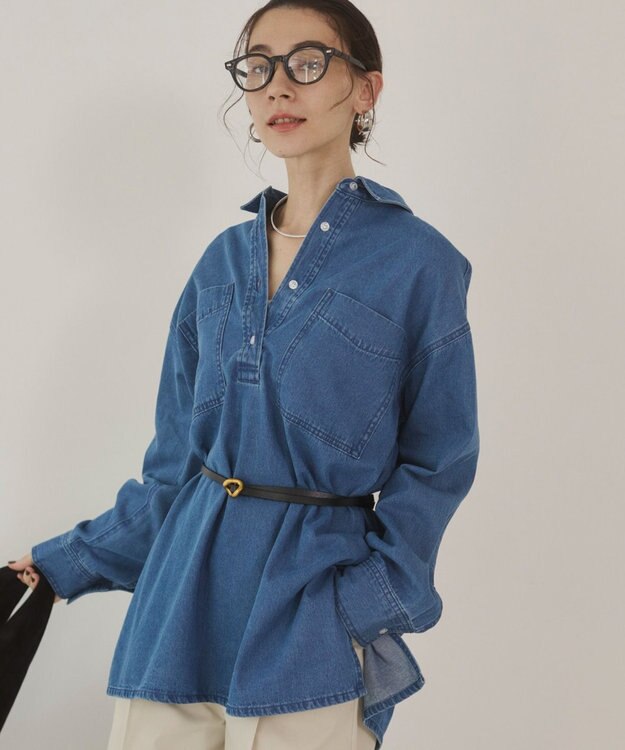 WEGO 【ANGIE VINTAGE】襟が選べる デニム チュニック シャツ （バンドカラー/レギュラーカラー） ブルーその他