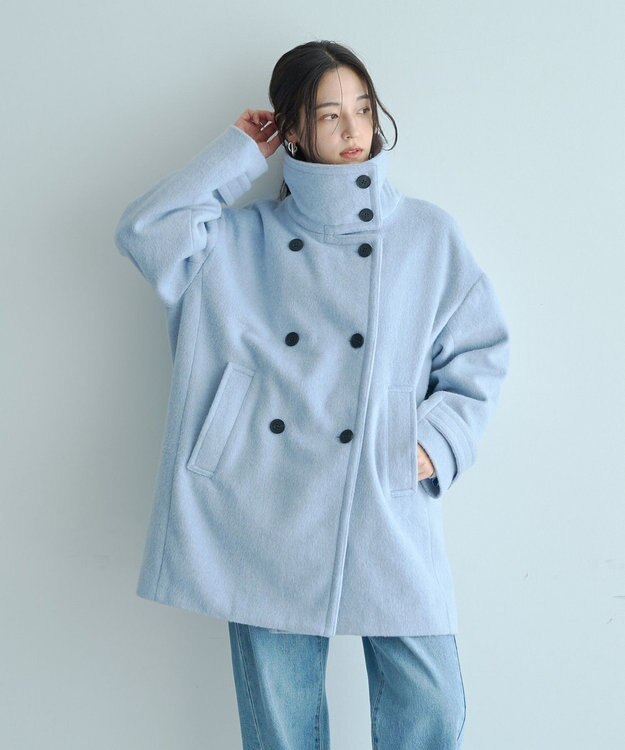 YECCA VECCA ウール混ミドル丈スタンドカラーコート Sax