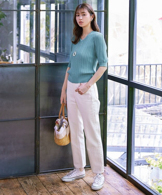 Tiaclasse 【洗える】パフスリーブ透かし編みニットトップス ミント