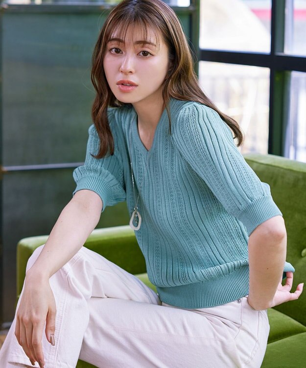 Tiaclasse 【洗える】パフスリーブ透かし編みニットトップス ミント