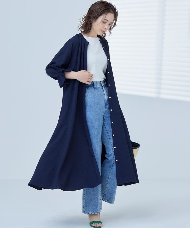組曲 【WEB限定】クレープストレッチ シャツワンピース ネイビー系