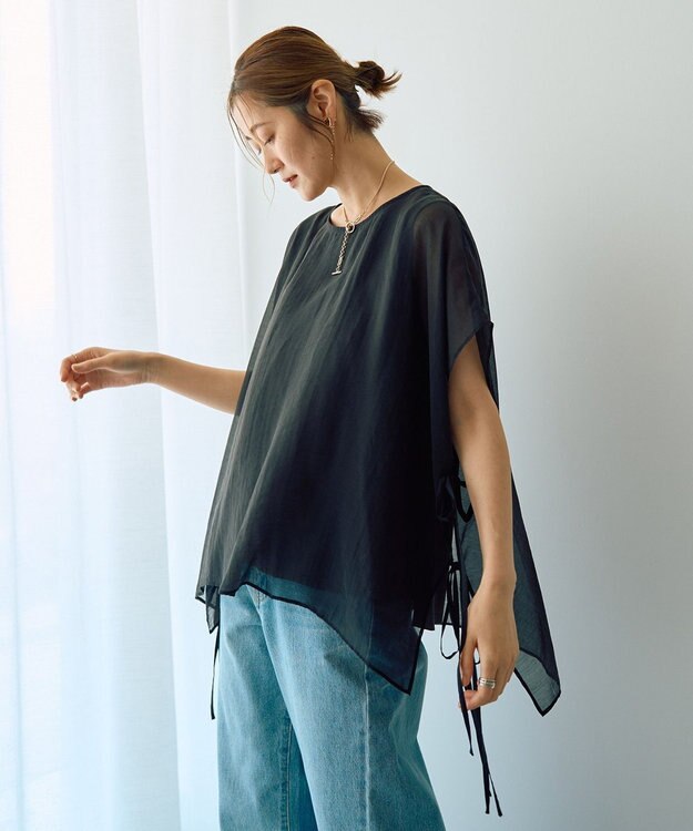 YECCA VECCA サイドリボンシアーレイヤードプルオーバー Black