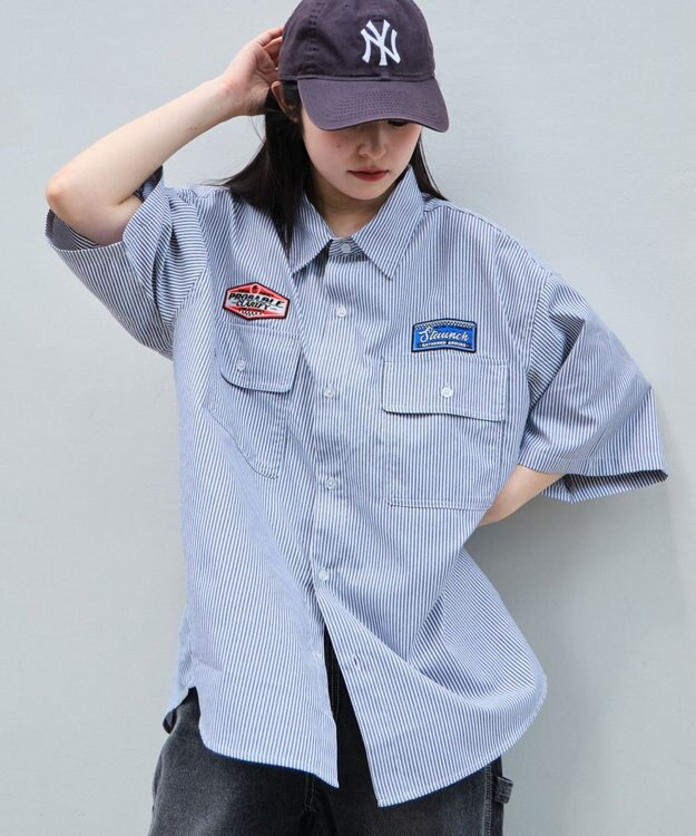 WEGO 【ユニセックス着用ITEM/MLサイズ展開】オックスフォードワッペンシャツ（SS） ブラックストライプ