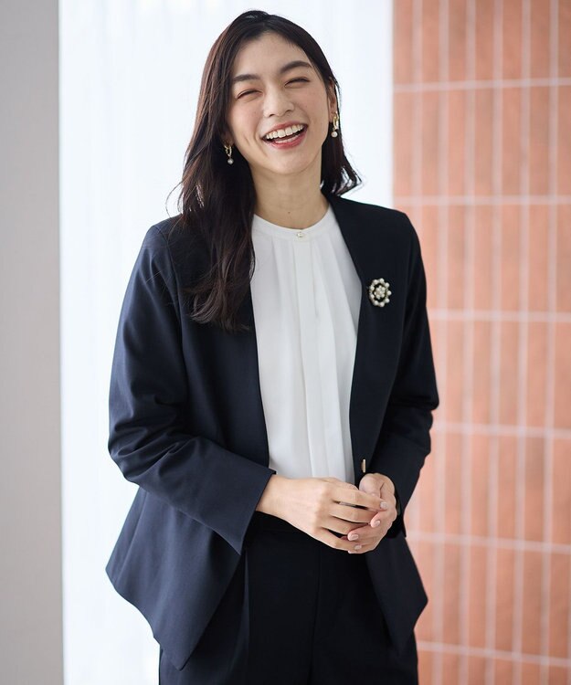 ANY L イージーケアライトストレッチノーカラージャケット ネイビー