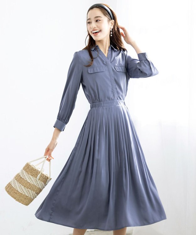 Tiaclasse L 【洗える】ヴィンテージサテンシャツワンピース ブルー