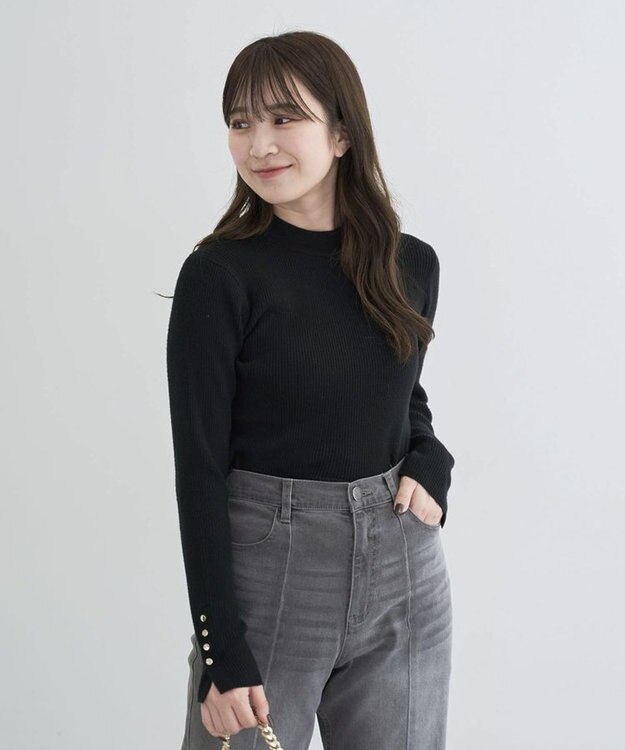 Green Parks もちやわ　袖口釦リブニットプルオーバー Black