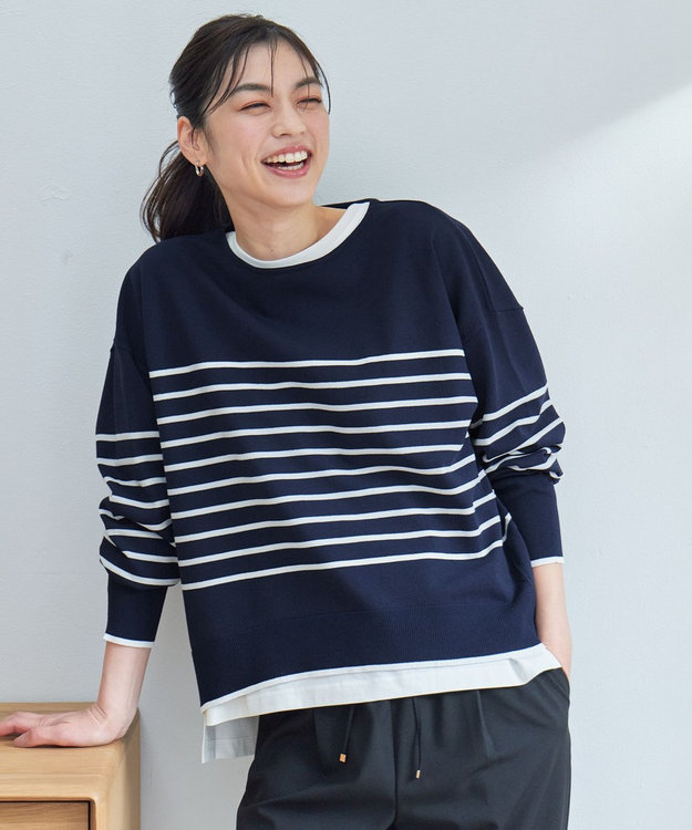 ANY バスクボーダーニットプルオーバー ネイビー×オフボーダー