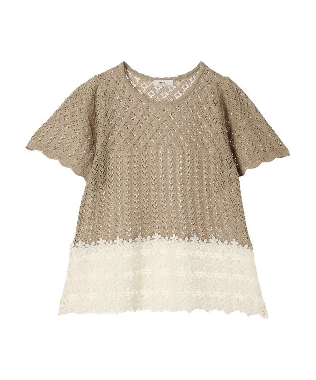 earth music&ecology 裾レース透かしニットプルオーバー Beige