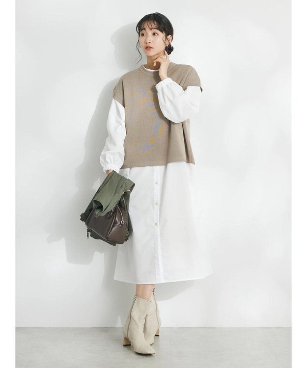 CRAFT STANDARD BOUTIQUE 【洗える】ニットベスト+シャツワンピースSET-B Gray Beige