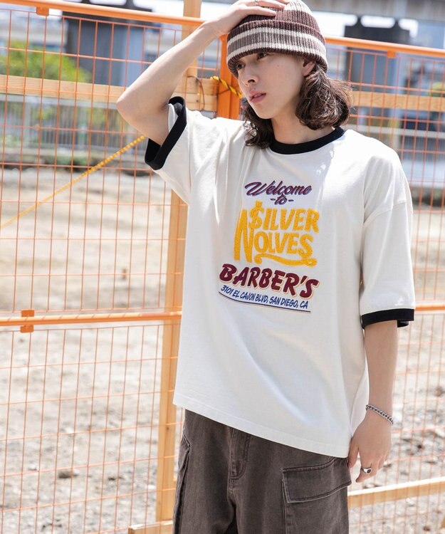 WEGO モチーフ刺繍リンガーT オフホワイト