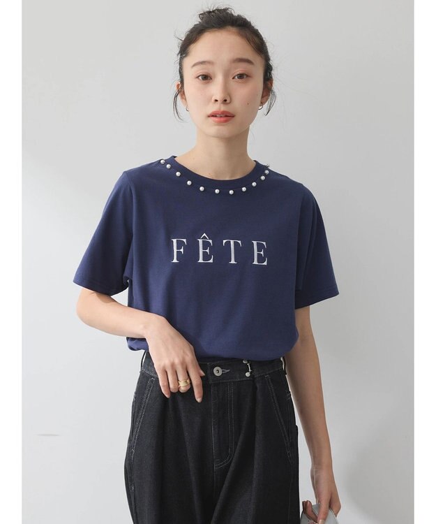 earth music&ecology 襟パール刺繍ロゴＴシャツ Navy