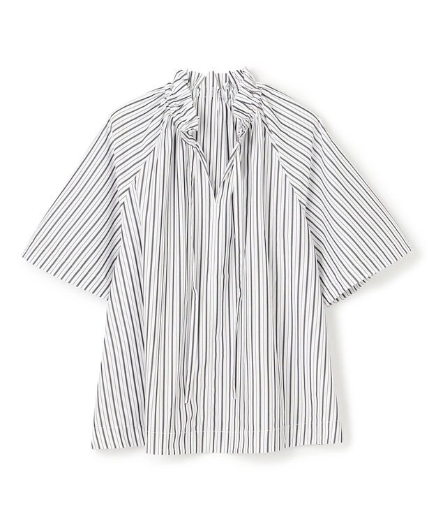 UNFILO フリルネック ブラウス ネイビーストライプ