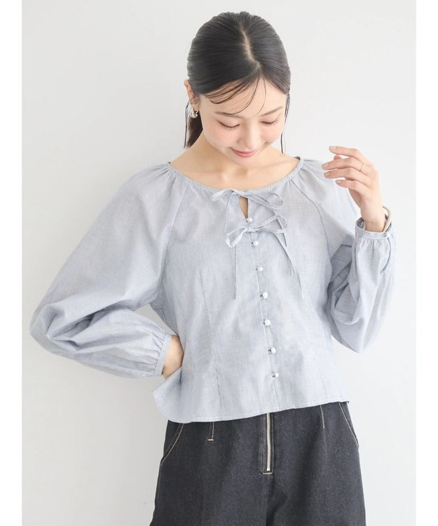 earth music&ecology フロントリボンブラウス Stripe Navy