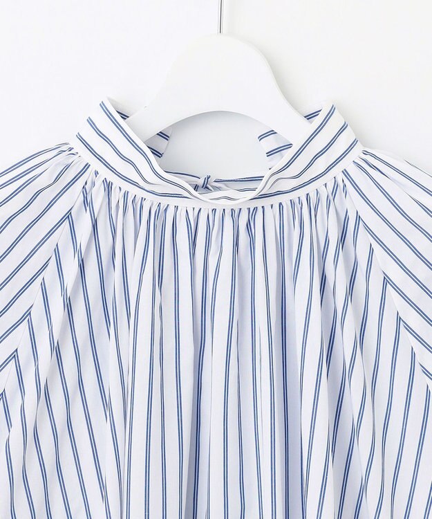 UNFILO イージーケア ギャザーブラウス ブルーストライプ