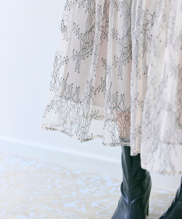 Feroux ニット×ティアードレース スカート グレー系