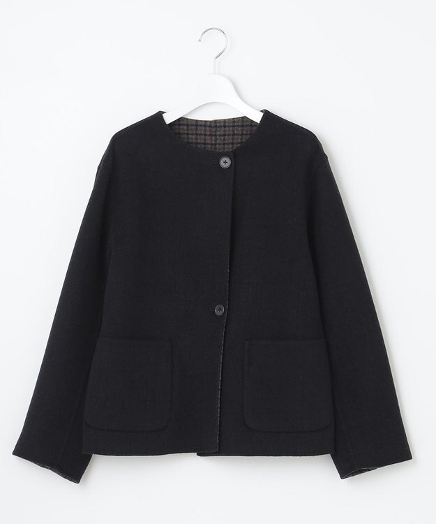 J.PRESS LADIES S 【リバーシブル】ウールナイロン リバーチェック ノーカラー ショートコート ネイビー系