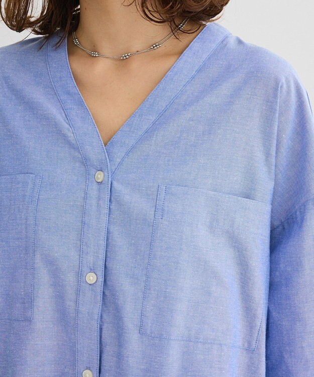 Green Parks 綿麻混Ｖネックオーバーサイズシャツ Sax