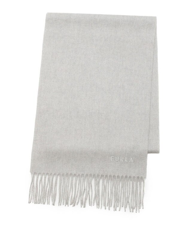 MOONBAT FURLA(フルラ）カシミヤ100％ 無地 マフラー ロゴ刺繍 手洗いOK ライトグレー