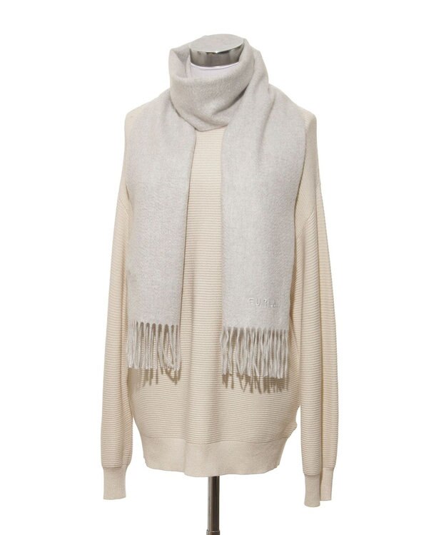 MOONBAT FURLA(フルラ）カシミヤ100％ 無地 マフラー ロゴ刺繍 手洗いOK ライトグレー