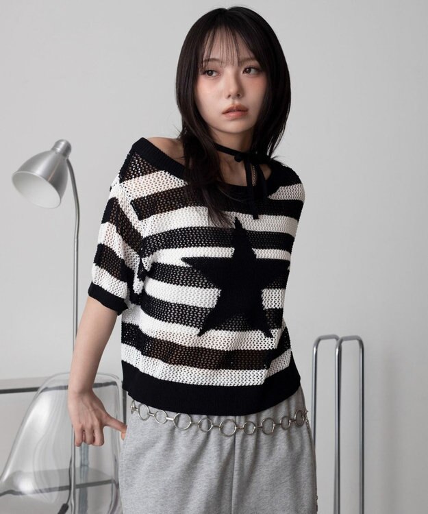 WEGO オフショルメッシュニット（S） ホワイトボーダー