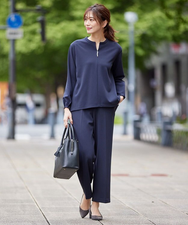 J.PRESS LADIES 【洗える・イージーケア】CUT GEORGETTE セミワイド パンツ ネイビー系