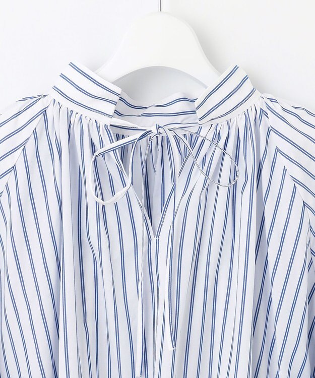 UNFILO イージーケア ギャザーブラウス ブルーストライプ