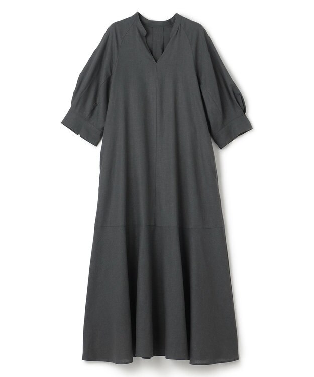 UNFILO 【洗える】リネンレーヨン カフタンワンピース チャコール