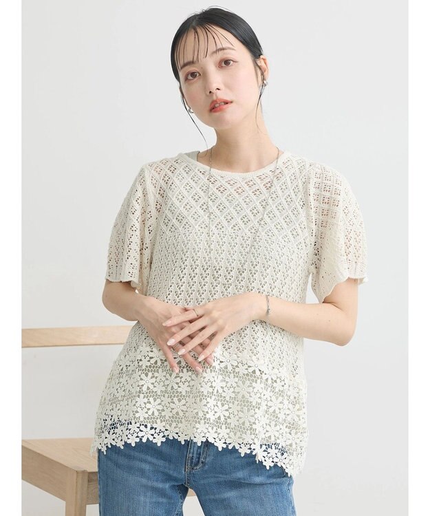 earth music&ecology 裾レース透かしニットプルオーバー Ivory