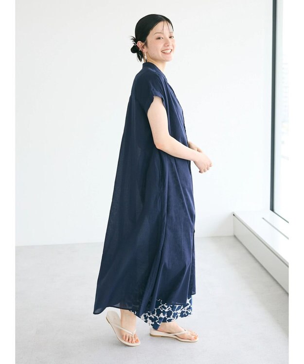 CRAFT STANDARD BOUTIQUE インド綿バンドカラーワンピース Navy
