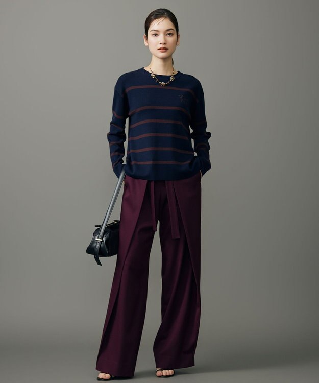 自由区 L コットンウールハイゲージボーダー ニット ネイビー×ボルドー