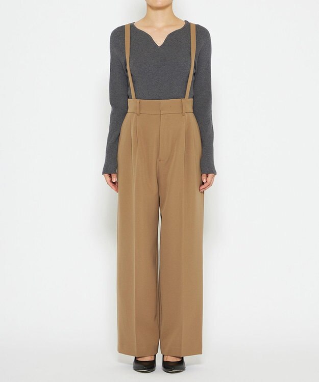 uncrave 【防しわ・UVカット・洗濯機洗い可】バルキーツイル ワイドパンツ(サスペンダー付き)（uncrave STANDARD） キャメル