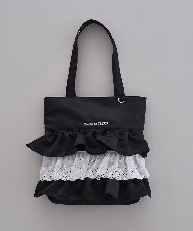 Maison de FLEUR サテンフロントフリルスクエアトートバッグ Black