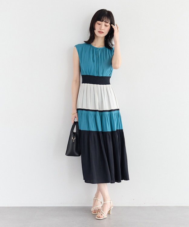 YECCA VECCA マルチカラーシャーリングワンピース Blue Green