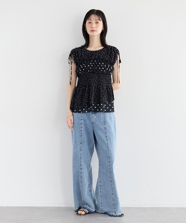 YECCA VECCA ドットMIXシャーリングブラウス Black