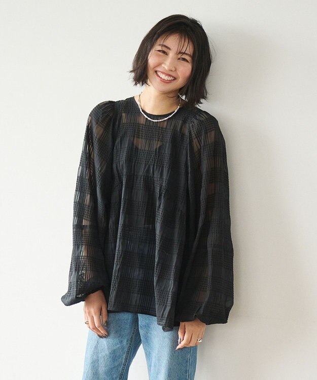 #Newans シアーチェックボリュームブラウス ブラック